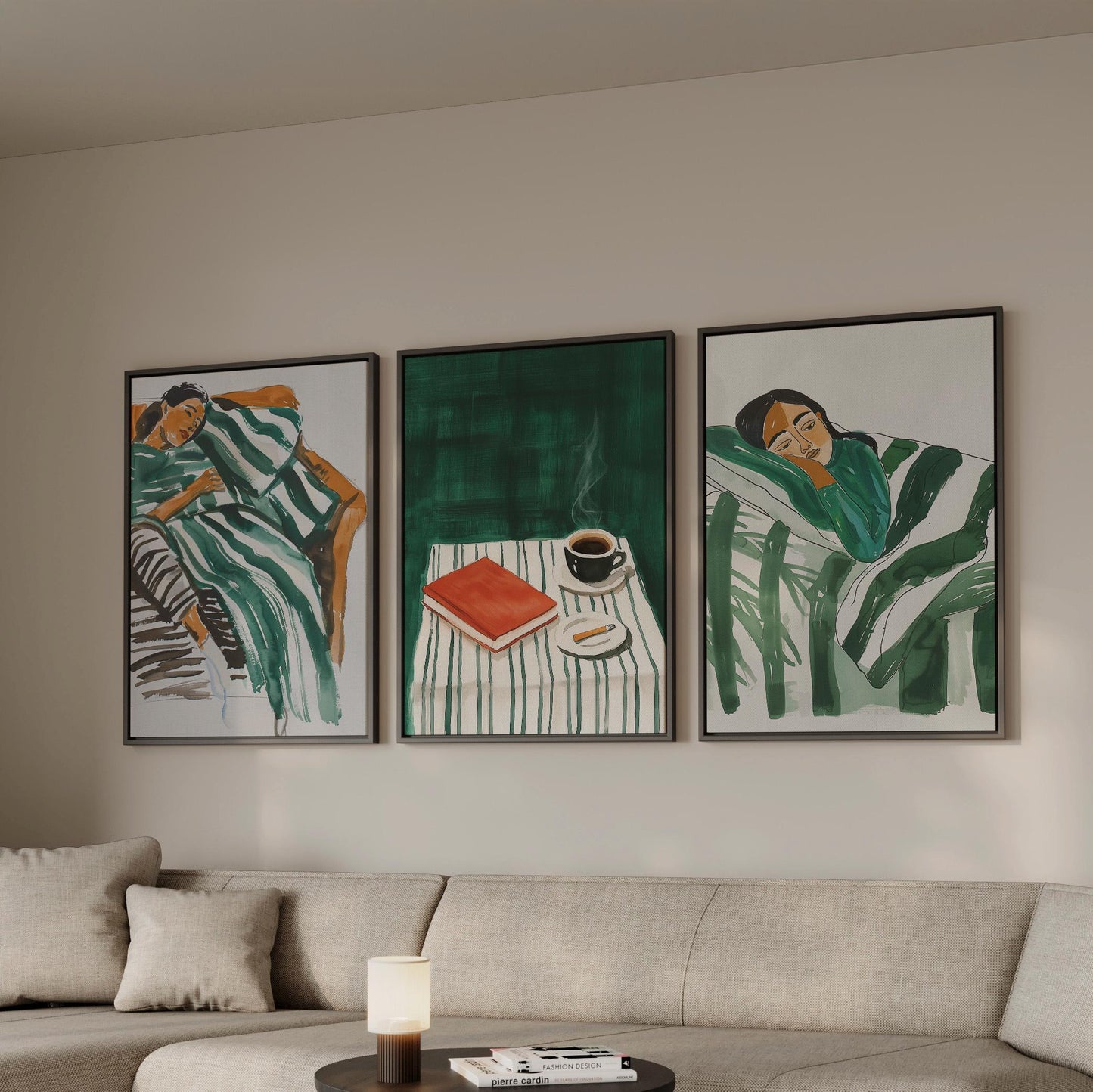 Cozy Green Canvas Wall Art Set of 3 Modern Figurative Prints Coffee and Relaxation Painting for Living Room or Bedroom