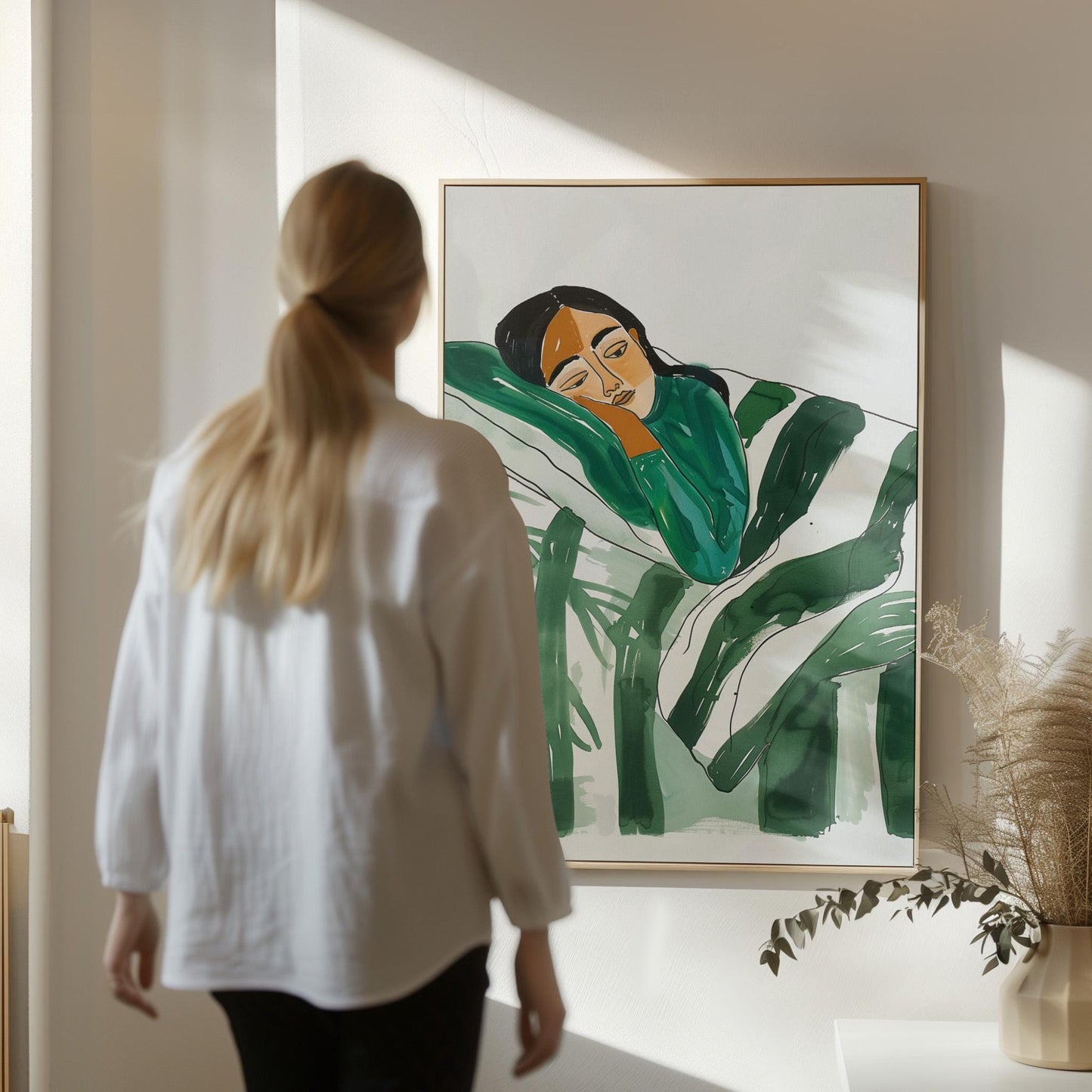 Cozy Green Canvas Wall Art Set of 3 Modern Figurative Prints Coffee and Relaxation Painting for Living Room or Bedroom