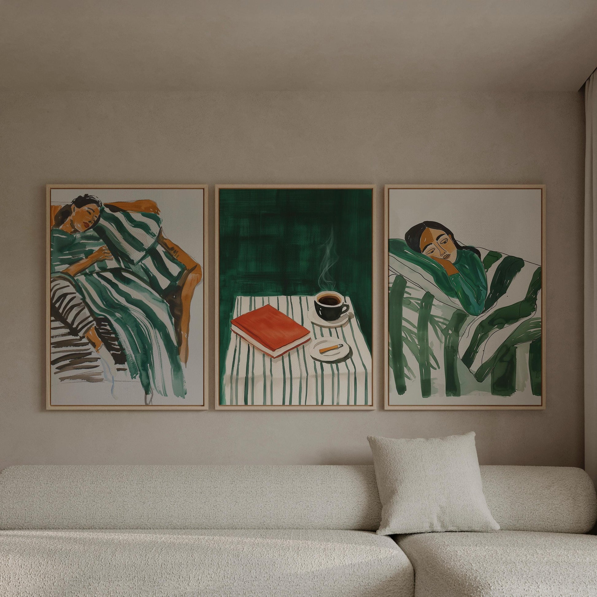 Cozy Green Canvas Wall Art Set of 3 Modern Figurative Prints Coffee and Relaxation Painting for Living Room or Bedroom