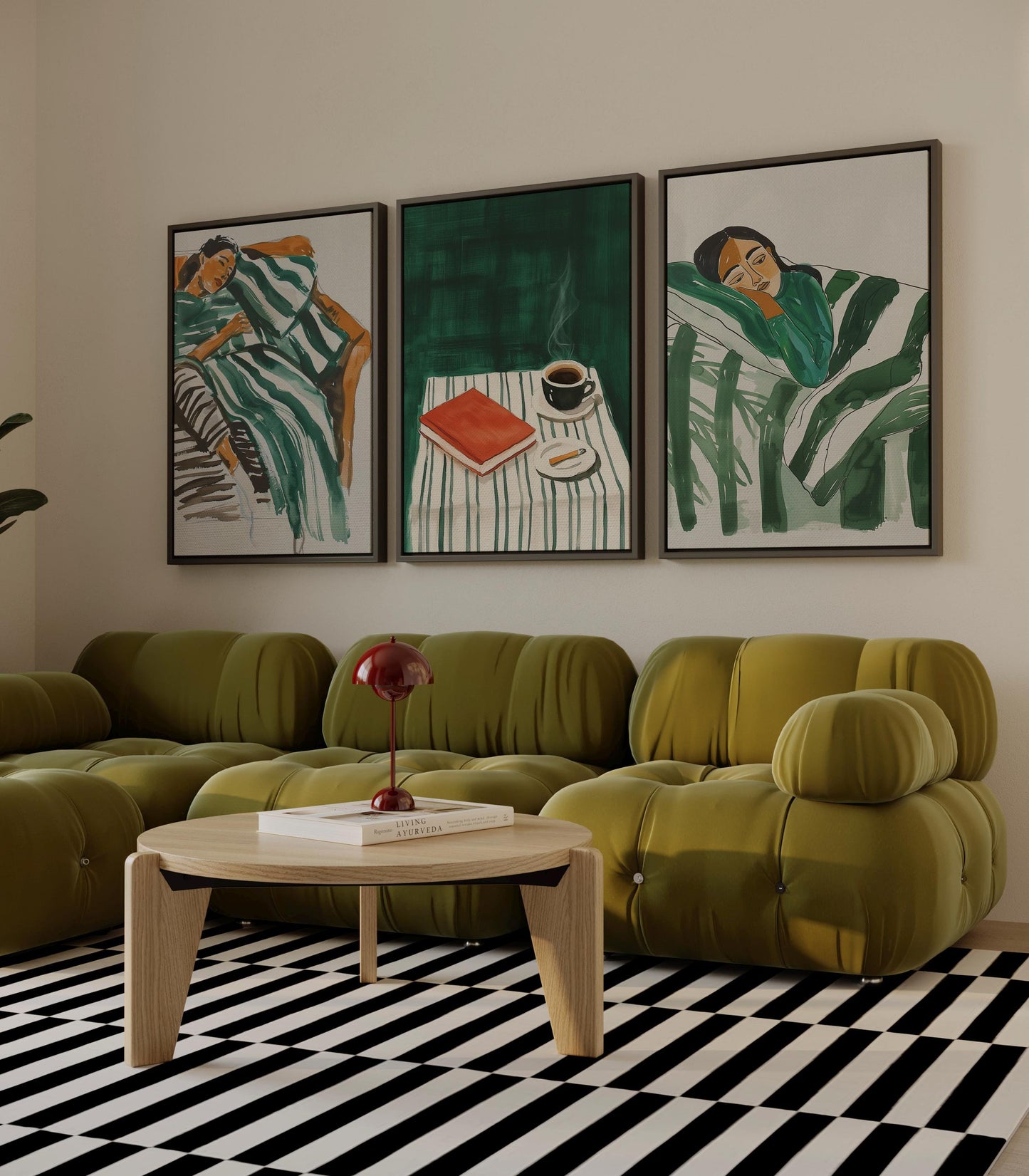 Cozy Green Canvas Wall Art Set of 3 Modern Figurative Prints Coffee and Relaxation Painting for Living Room or Bedroom
