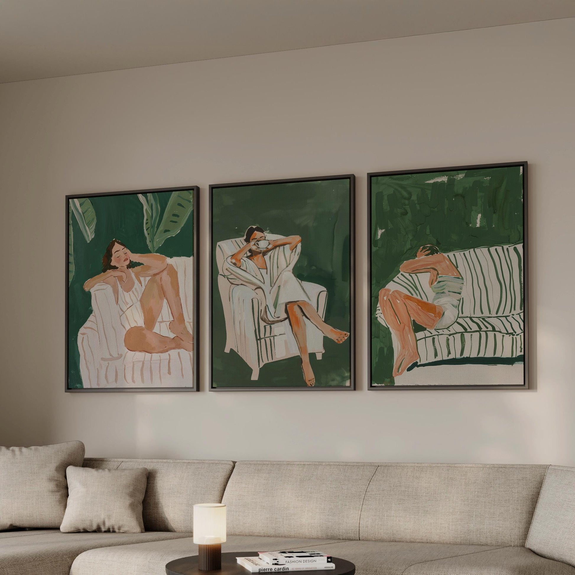 Green Lounge Canvas Wall Art Set of 3 Modern Figurative Prints Relaxed Woman Painting Minimalist Artwork for Living Room or Bedroom