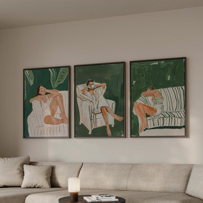 Green Lounge Canvas Wall Art Set of 3 Modern Figurative Prints Relaxed Woman Painting Minimalist Artwork for Living Room or Bedroom