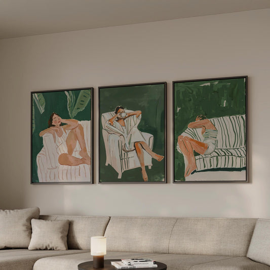 Green Lounge Canvas Wall Art Set of 3 Modern Figurative Prints Relaxed Woman Painting Minimalist Artwork for Living Room or Bedroom