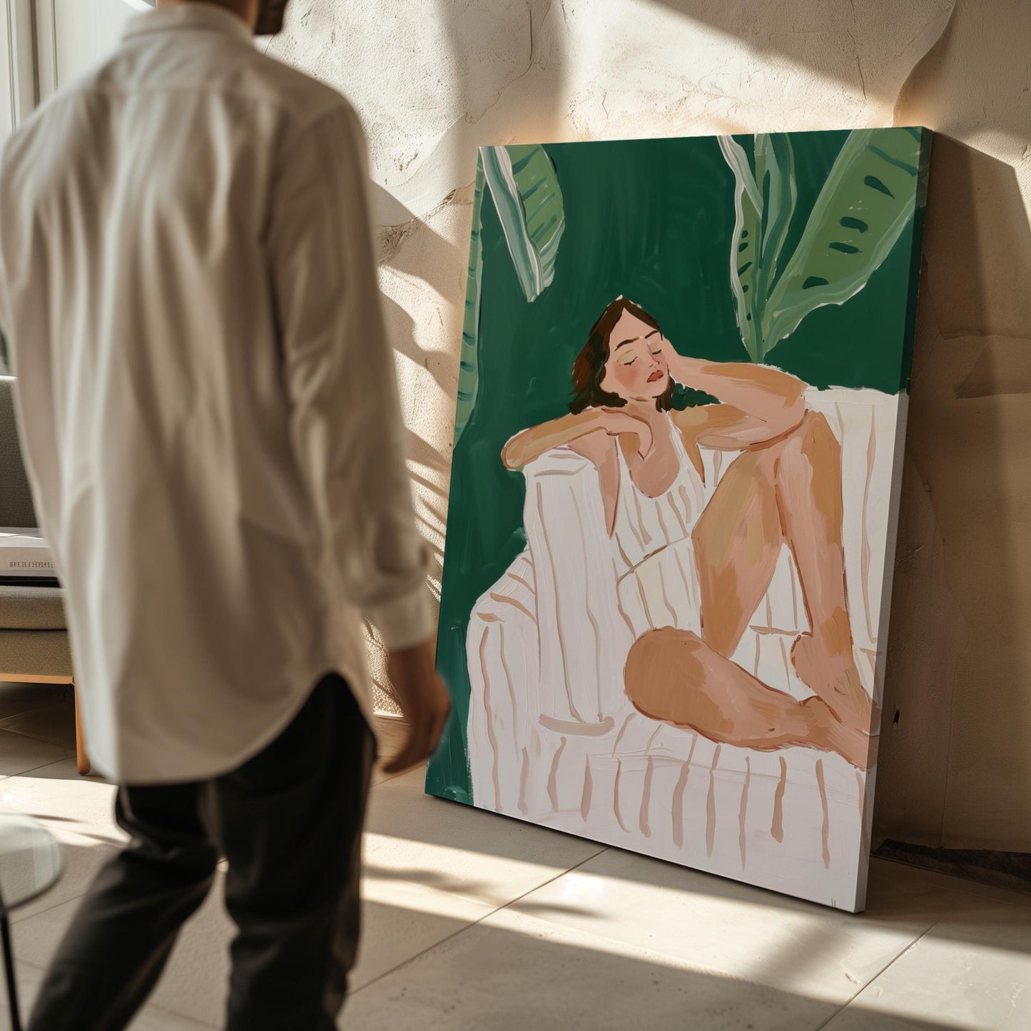 Green Lounge Canvas Wall Art Set of 3 Modern Figurative Prints Relaxed Woman Painting Minimalist Artwork for Living Room or Bedroom