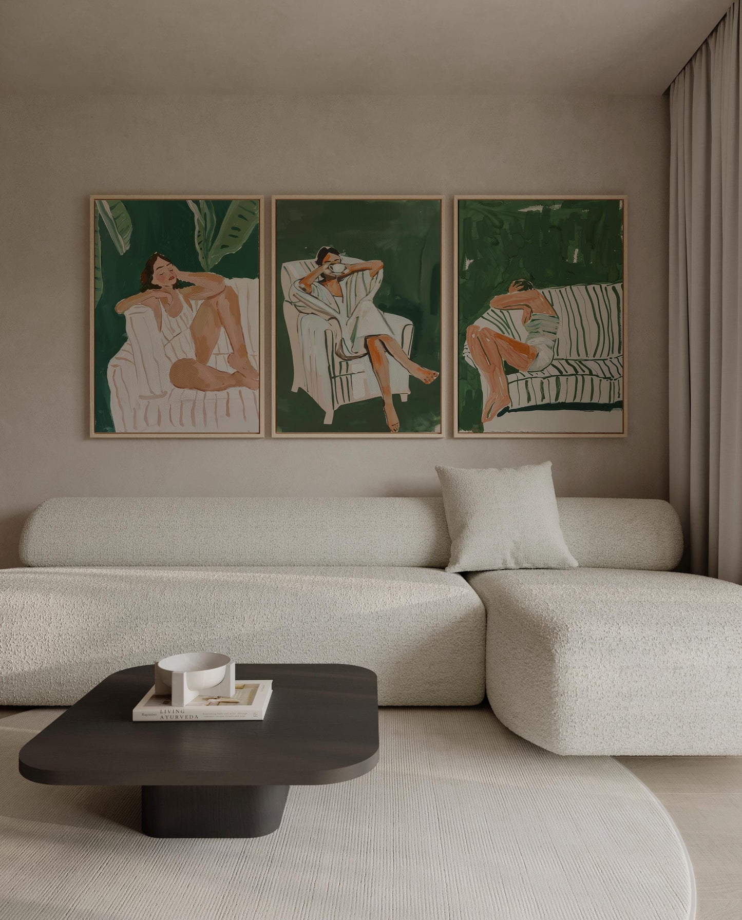 Green Lounge Canvas Wall Art Set of 3 Modern Figurative Prints Relaxed Woman Painting Minimalist Artwork for Living Room or Bedroom