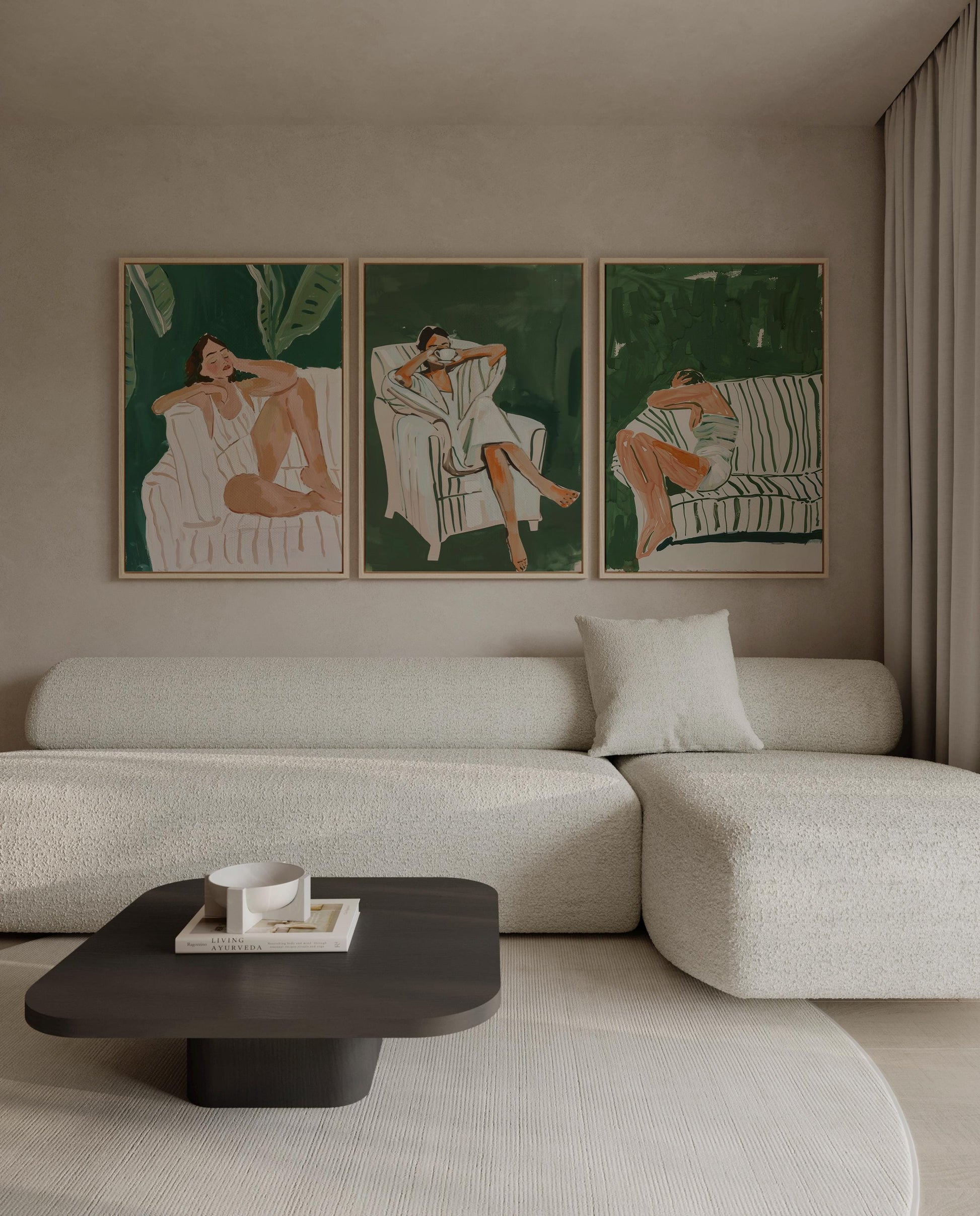 Green Lounge Canvas Wall Art Set of 3 Modern Figurative Prints Relaxed Woman Painting Minimalist Artwork for Living Room or Bedroom