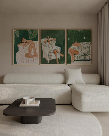 Green Lounge Canvas Wall Art Set of 3 Modern Figurative Prints Relaxed Woman Painting Minimalist Artwork for Living Room or Bedroom