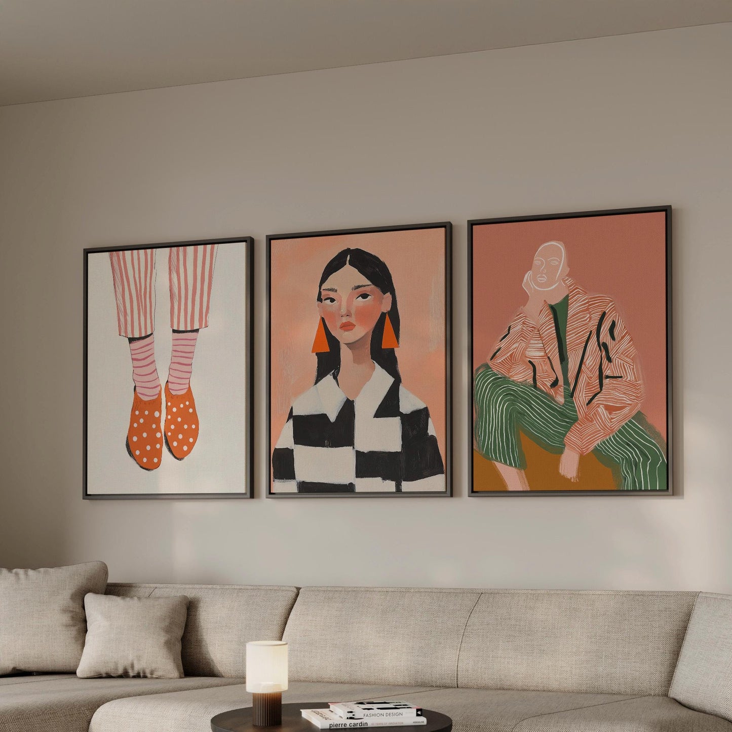 Modern Figurative Canvas Set of 3 Abstract Portrait Prints in Orange and Green Mid Century Style Wall Art for Living Room or Bedroom