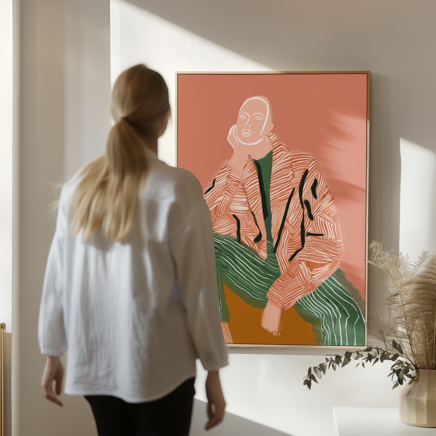 Modern Figurative Canvas Set of 3 Abstract Portrait Prints in Orange and Green Mid Century Style Wall Art for Living Room or Bedroom