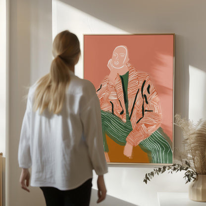Modern Figurative Canvas Set of 3 Abstract Portrait Prints in Orange and Green Mid Century Style Wall Art for Living Room or Bedroom