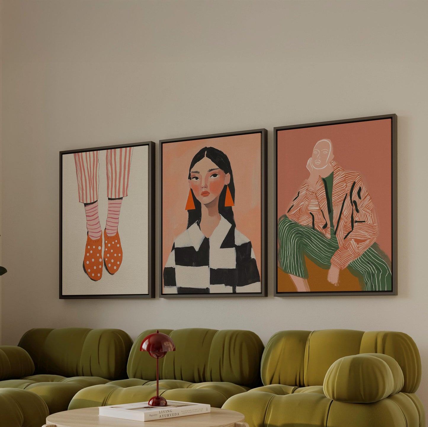 Modern Figurative Canvas Set of 3 Abstract Portrait Prints in Orange and Green Mid Century Style Wall Art for Living Room or Bedroom