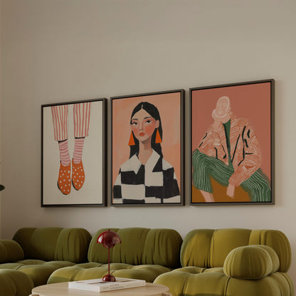 Modern Figurative Canvas Set of 3 Abstract Portrait Prints in Orange and Green Mid Century Style Wall Art for Living Room or Bedroom