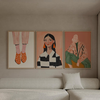 Modern Figurative Canvas Set of 3 Abstract Portrait Prints in Orange and Green Mid Century Style Wall Art for Living Room or Bedroom
