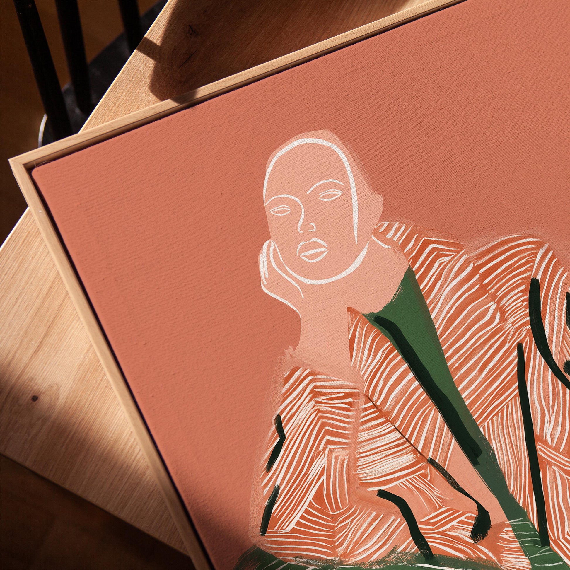 Modern Figurative Canvas Set of 3 Abstract Portrait Prints in Orange and Green Mid Century Style Wall Art for Living Room or Bedroom