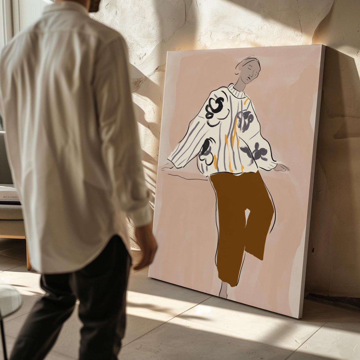 Fashion Illustration Canvas Set of 3 Modern Figurative Wall Art in Green and Ochre for Living Room or Office