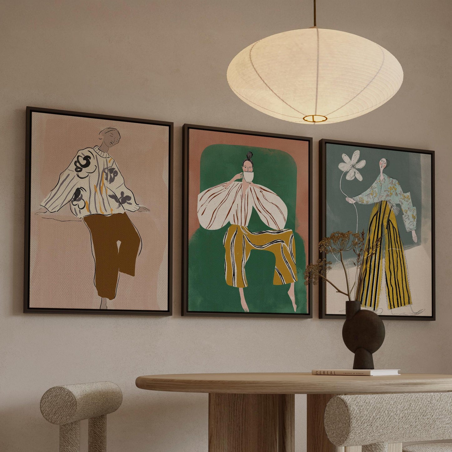 Fashion Illustration Canvas Set of 3 Modern Figurative Wall Art in Green and Ochre for Living Room or Office