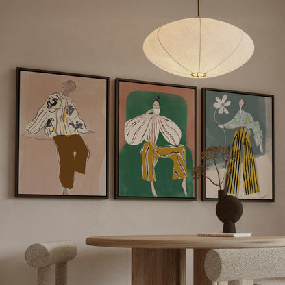 Fashion Illustration Canvas Set of 3 Modern Figurative Wall Art in Green and Ochre for Living Room or Office