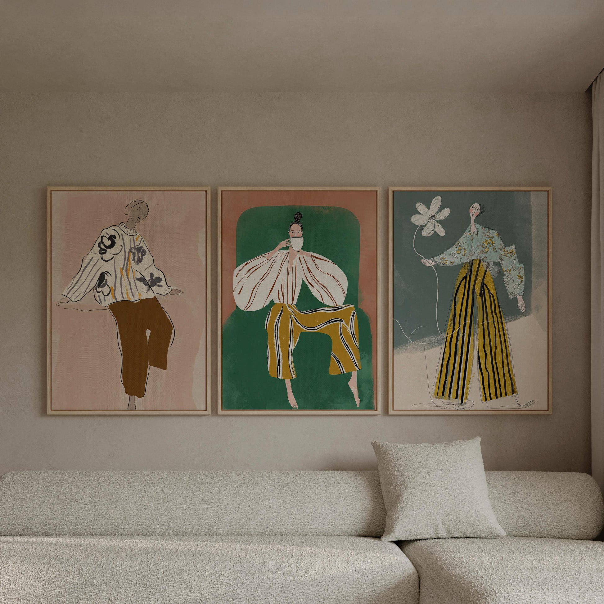 Fashion Illustration Canvas Set of 3 Modern Figurative Wall Art in Green and Ochre for Living Room or Office