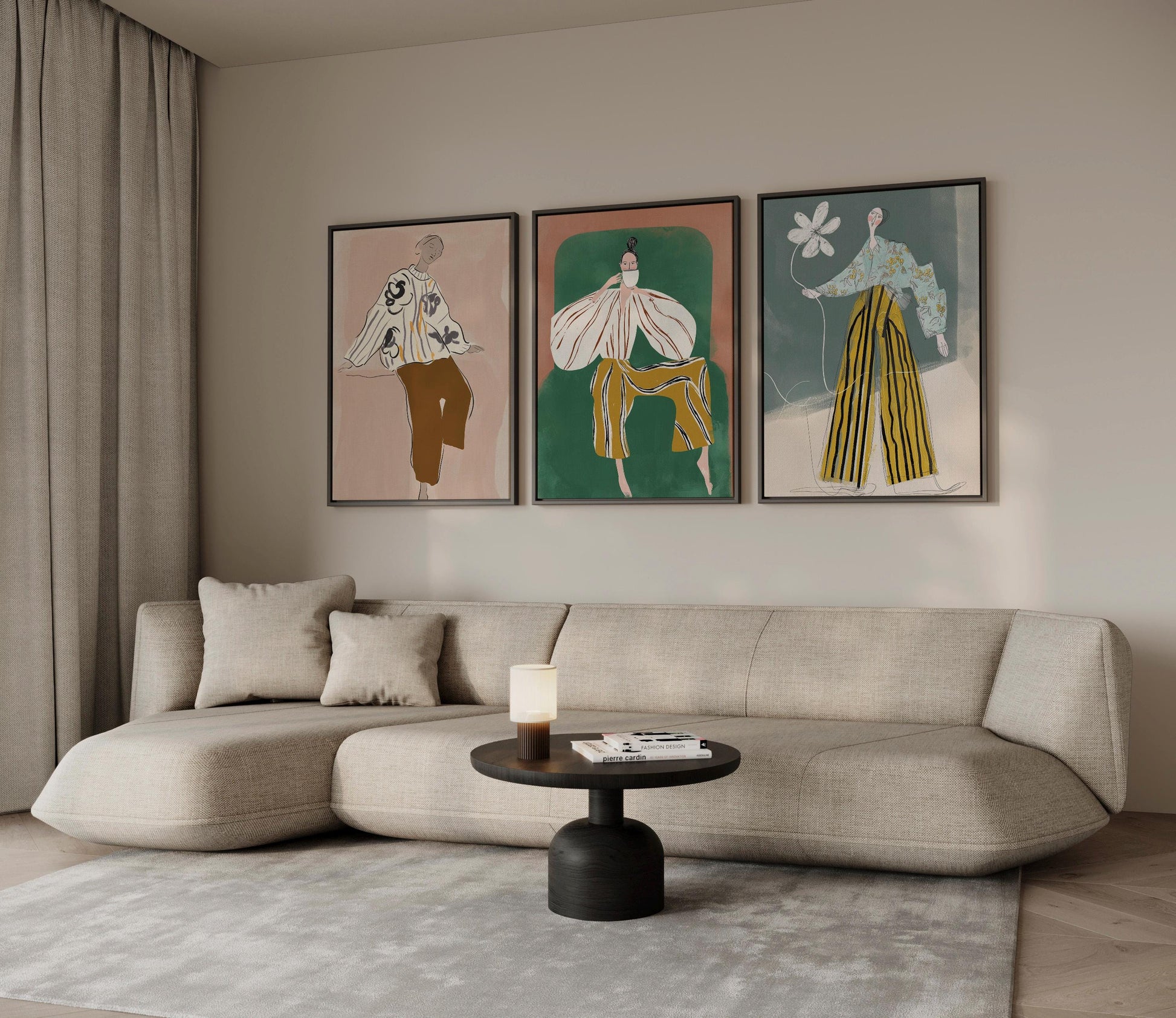 Fashion Illustration Canvas Set of 3 Modern Figurative Wall Art in Green and Ochre for Living Room or Office