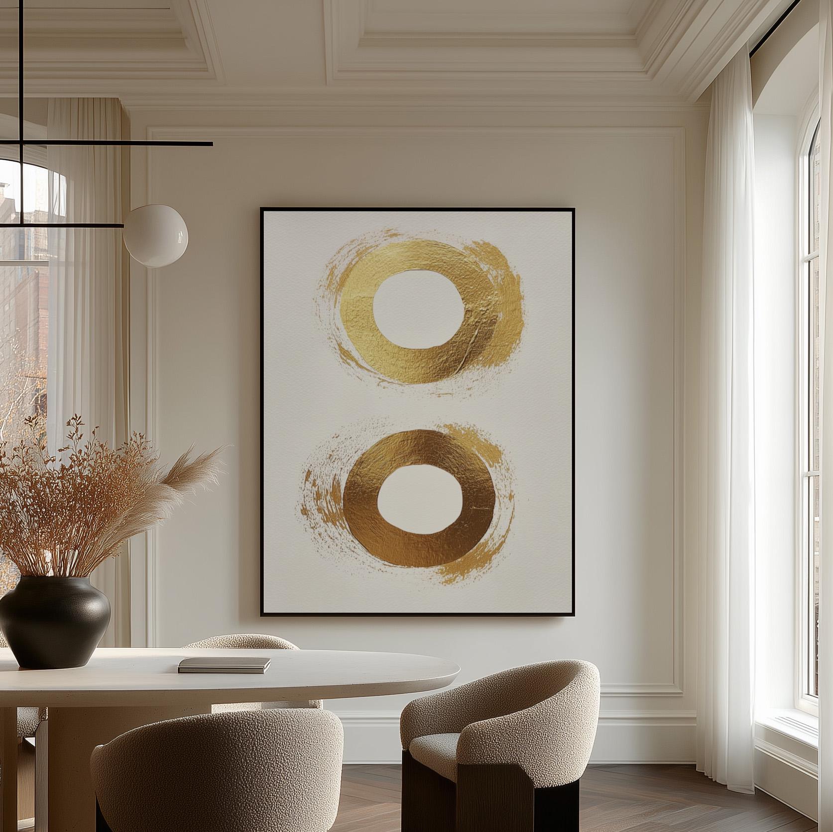 Golden Circle Abstract Canvas Art in Neutral Beige and White, Minimal Modern Wall Art for Dining Room or Office