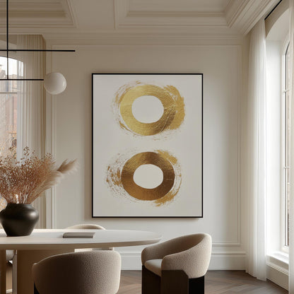 Golden Circle Abstract Canvas Art in Neutral Beige and White, Minimal Modern Wall Art for Dining Room or Office