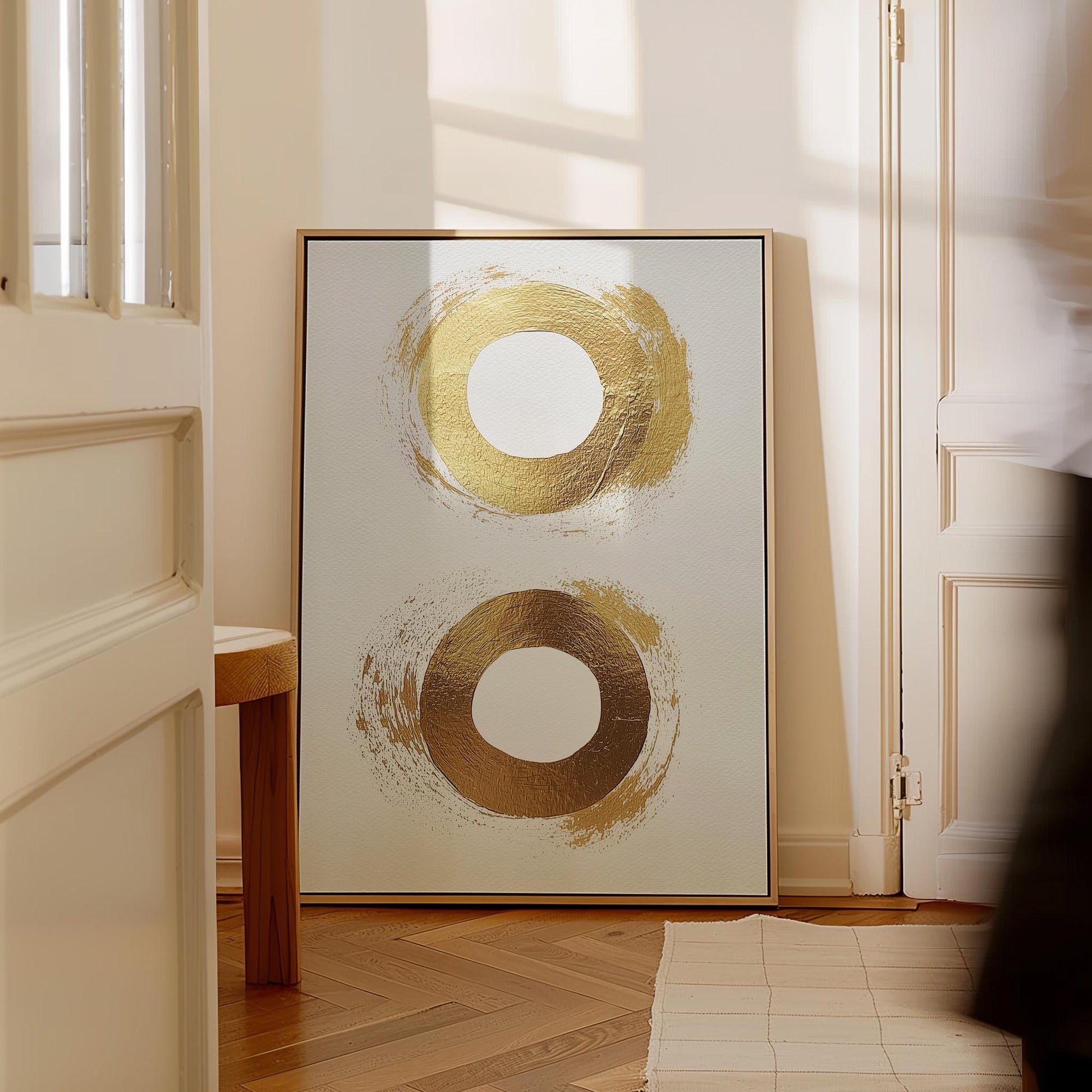 Golden Circle Abstract Canvas Art in Neutral Beige and White, Minimal Modern Wall Art for Dining Room or Office