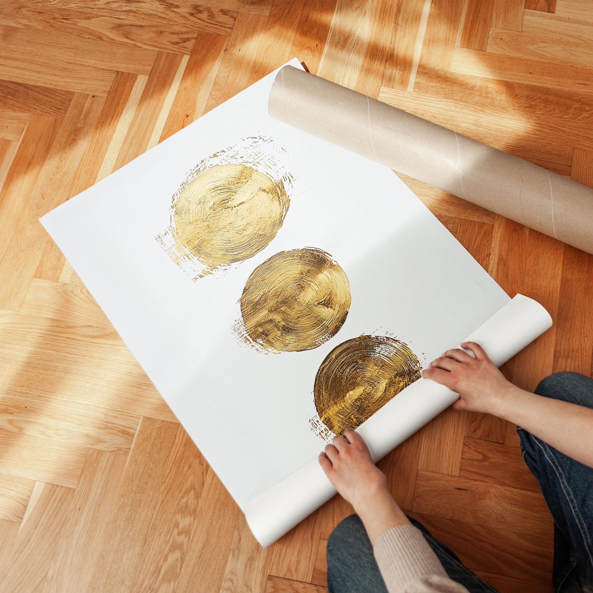 Gold Circles Abstract Canvas Art Minimal Modern Painting in White and Beige, Luxury Wall Decor for Office or Living Room