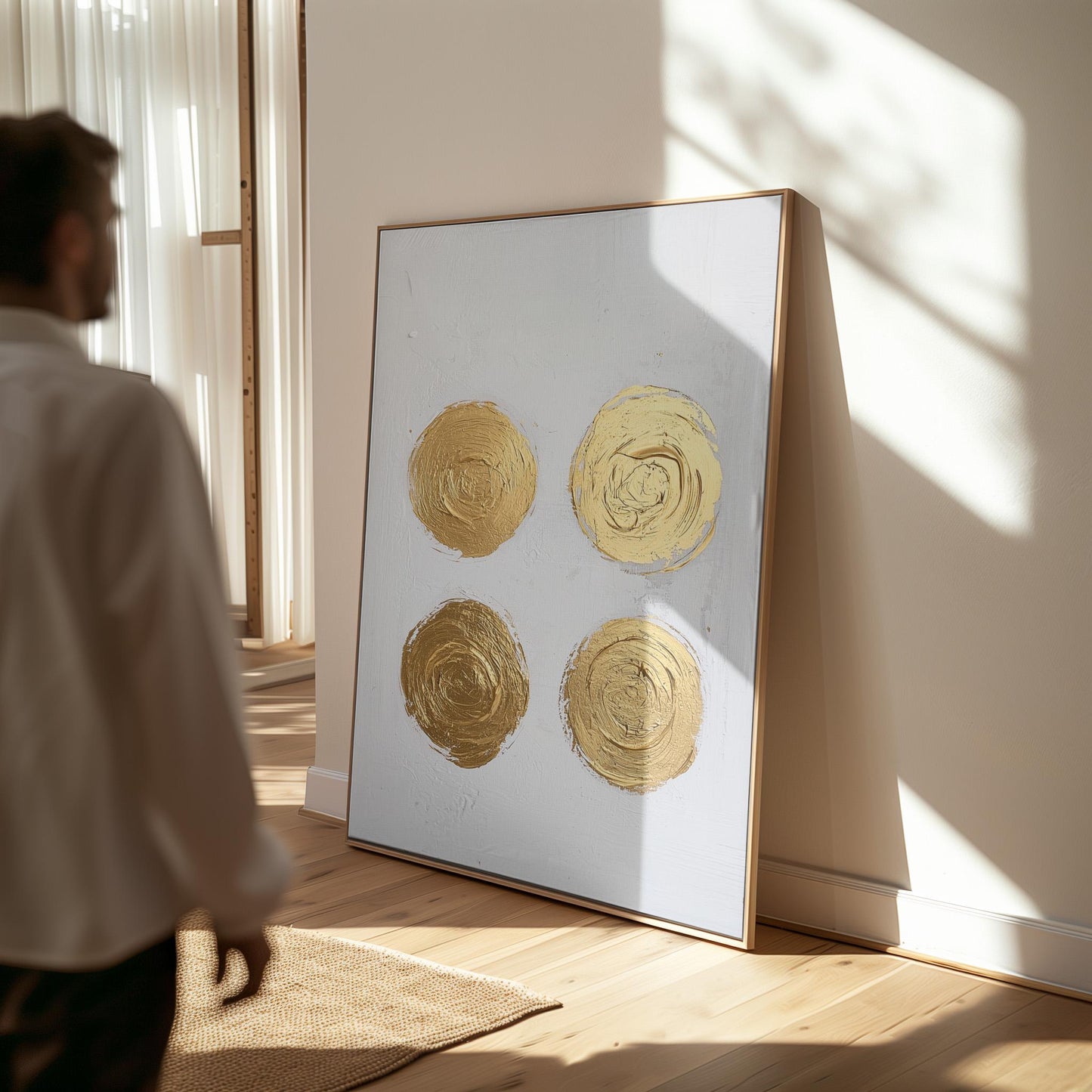 Gold Circle Textured Canvas Art Minimal Abstract Painting in White and Beige, Modern Luxury Wall Decor for Living Room or Office