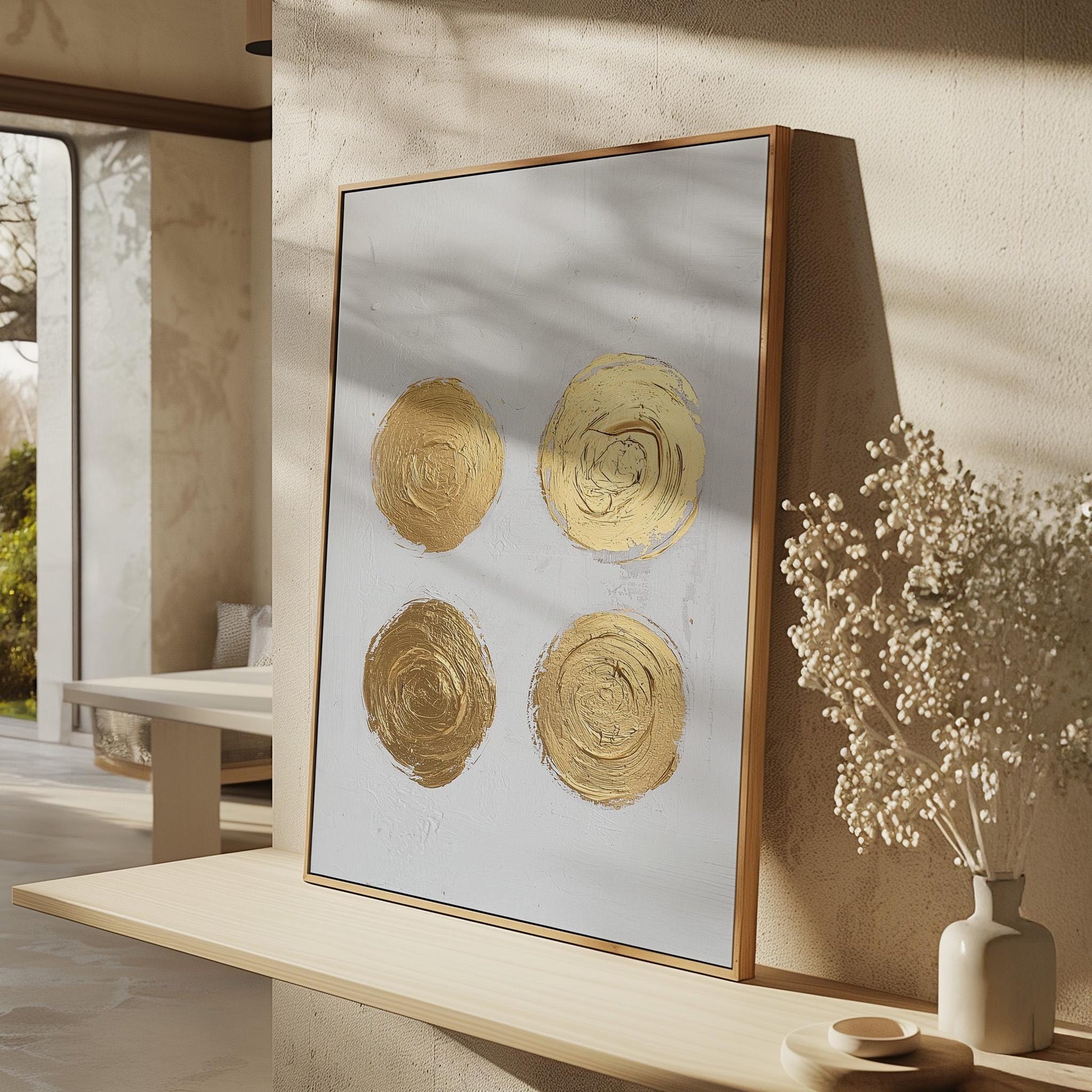 Gold Circle Textured Canvas Art Minimal Abstract Painting in White and Beige, Modern Luxury Wall Decor for Living Room or Office