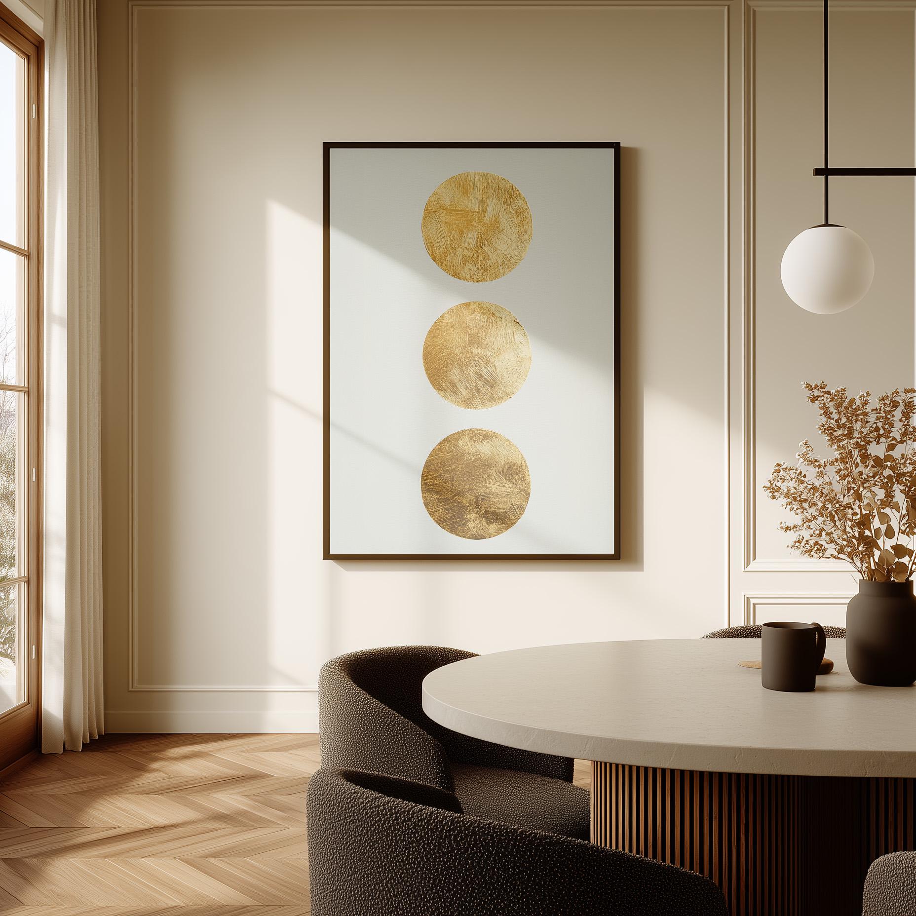 Gold Circle Minimalist Canvas Art Textured Abstract Painting in White and Beige, Modern Luxury Wall Decor for Living Room or Bedroom