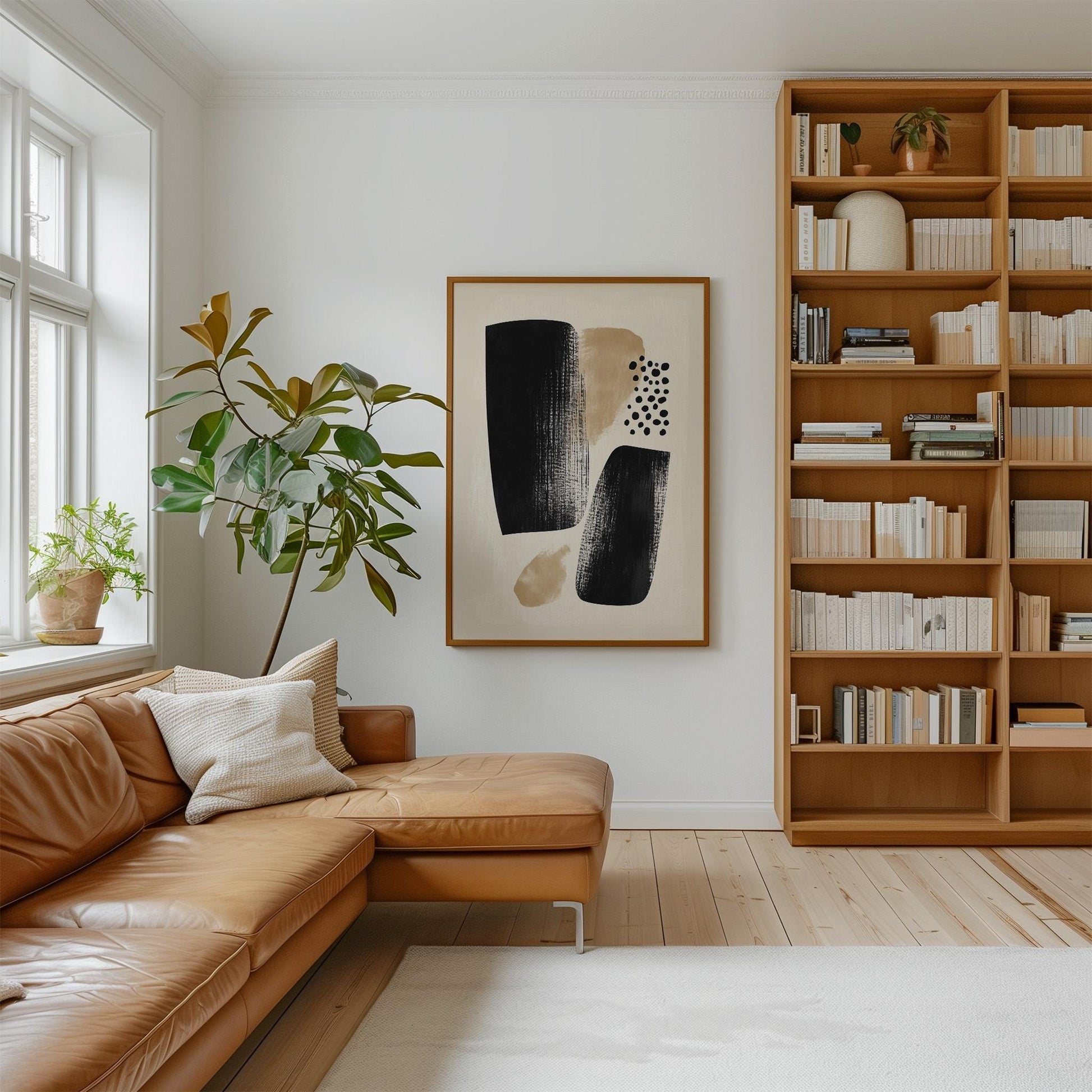 Black and Beige Abstract Canvas Art Minimalist Wall Decor with Organic Shapes, Modern Textured Painting for Living Room or Office