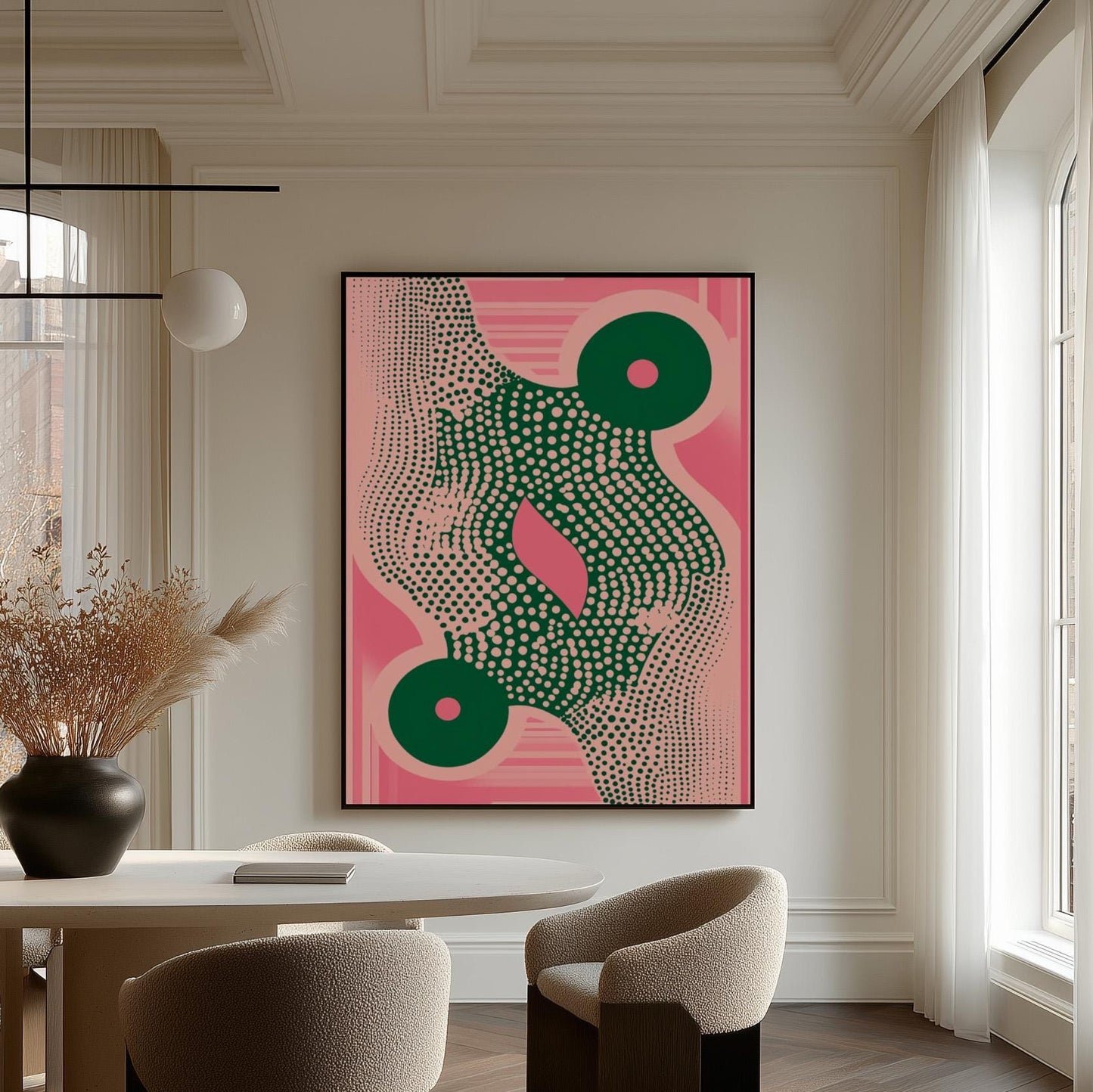 Pink and Green Geometric Abstract Canvas Art Modern Retro Wall Decor for Dining Room or Office, Mid Century Inspired Print