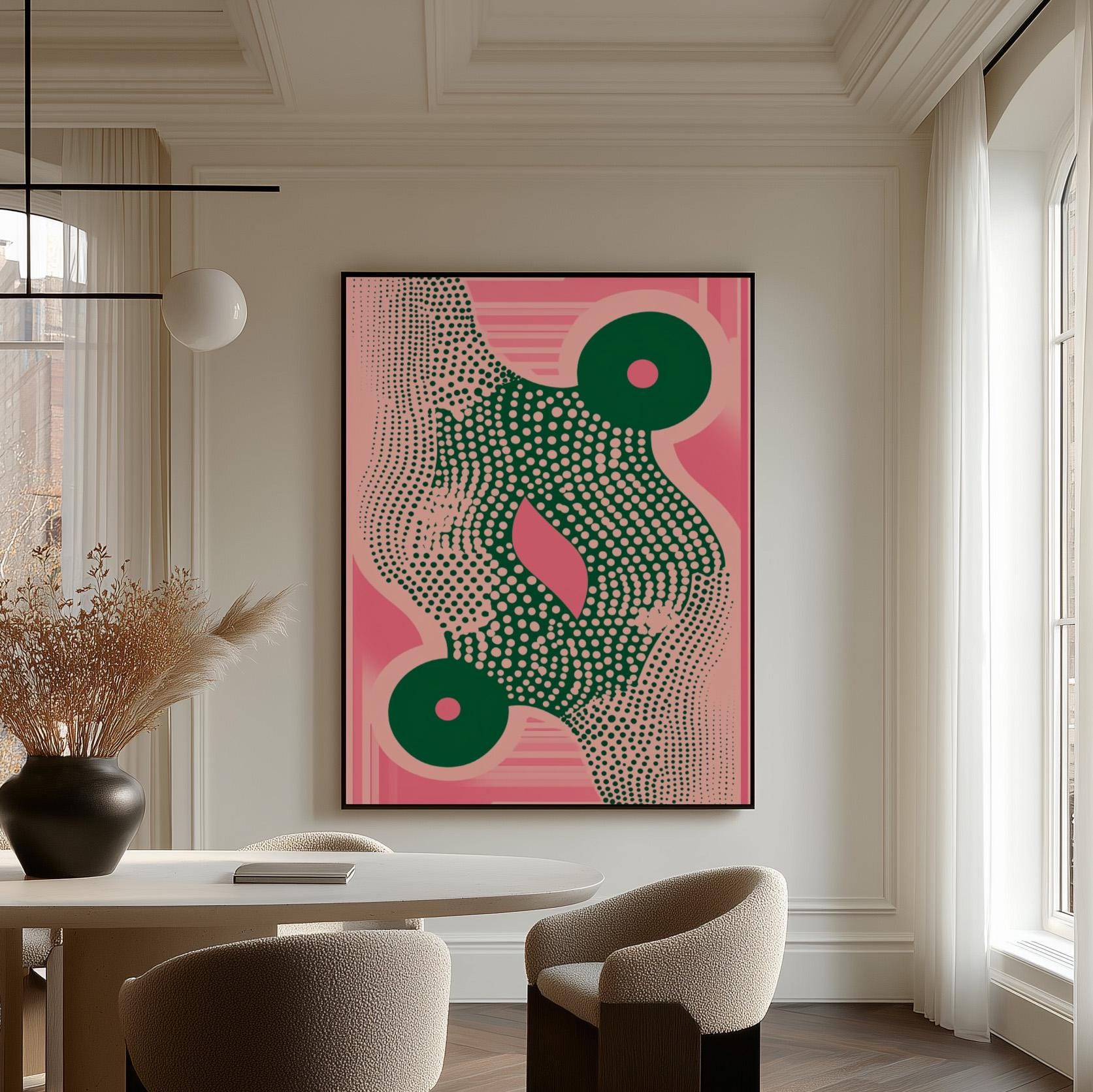 Pink and Green Geometric Abstract Canvas Art Modern Retro Wall Decor for Dining Room or Office, Mid Century Inspired Print