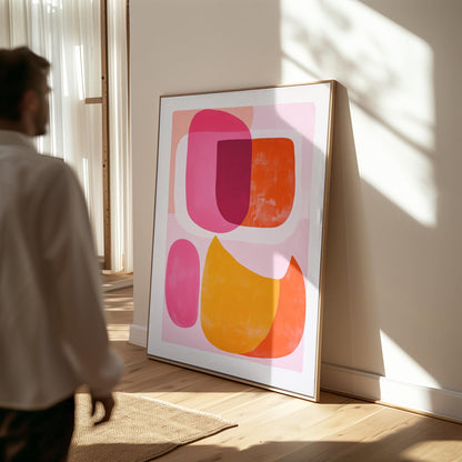 Pink Orange Abstract Canvas Art Mid Century Modern Wall Decor for Living Room or Dining Room, Colorful Retro Shapes Print