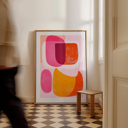 Pink Orange Abstract Canvas Art Mid Century Modern Wall Decor for Living Room or Dining Room, Colorful Retro Shapes Print