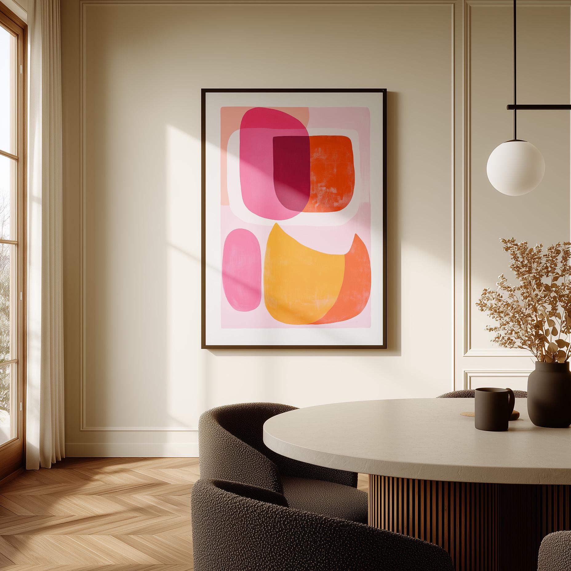 Pink Orange Abstract Canvas Art Mid Century Modern Wall Decor for Living Room or Dining Room, Colorful Retro Shapes Print