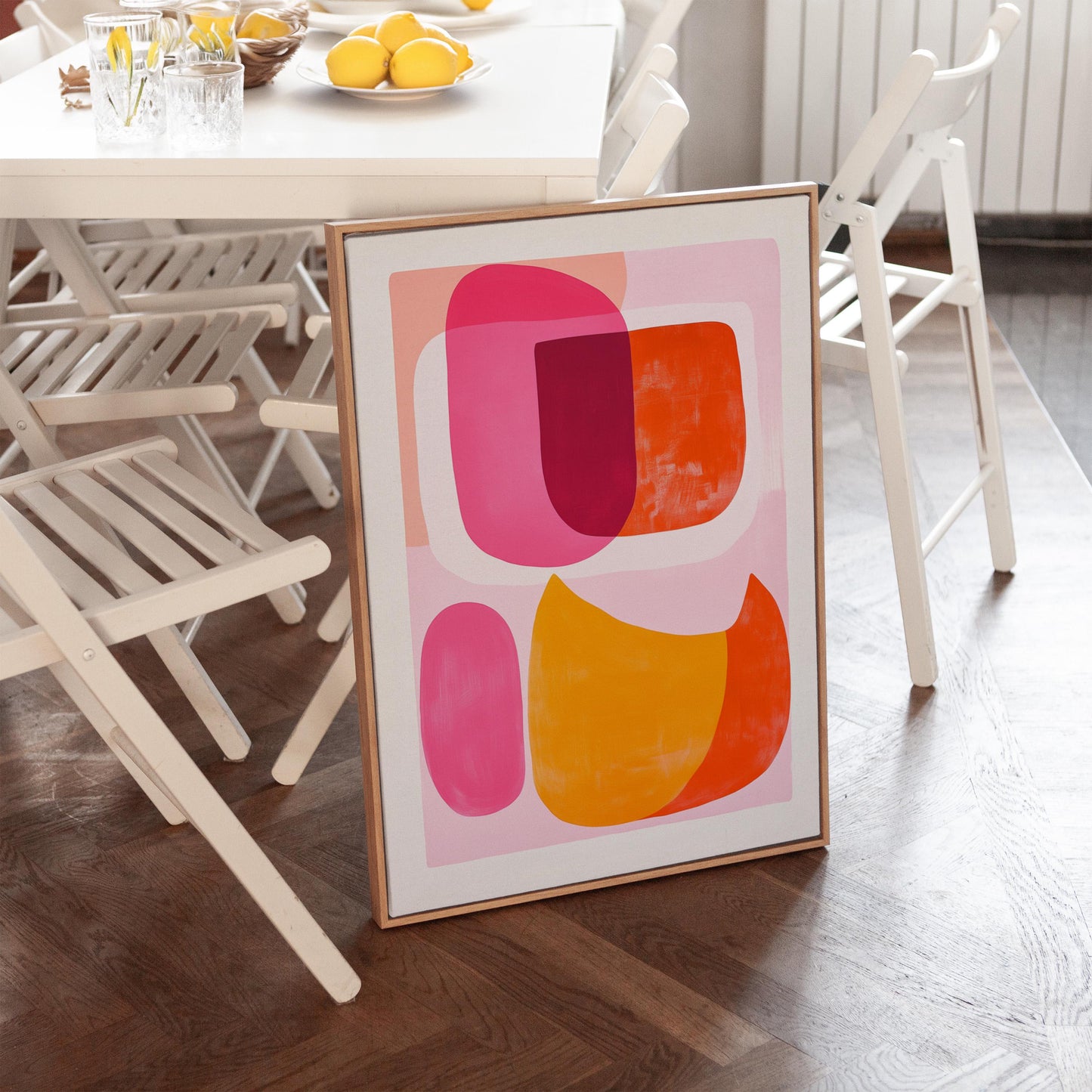 Pink Orange Abstract Canvas Art Mid Century Modern Wall Decor for Living Room or Dining Room, Colorful Retro Shapes Print