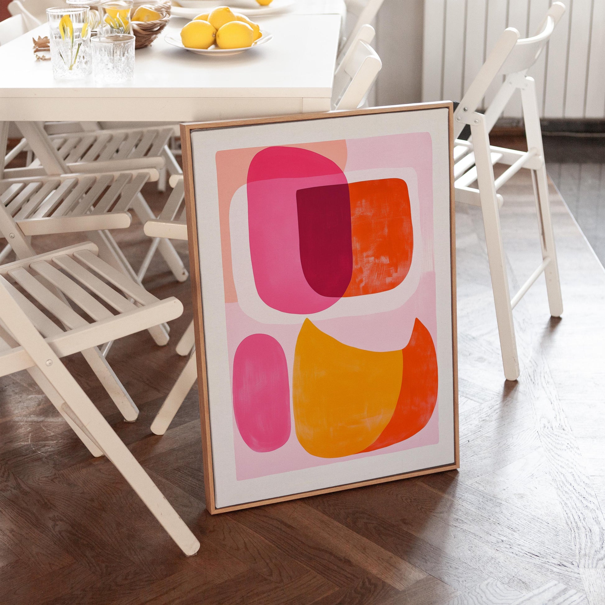 Pink Orange Abstract Canvas Art Mid Century Modern Wall Decor for Living Room or Dining Room, Colorful Retro Shapes Print