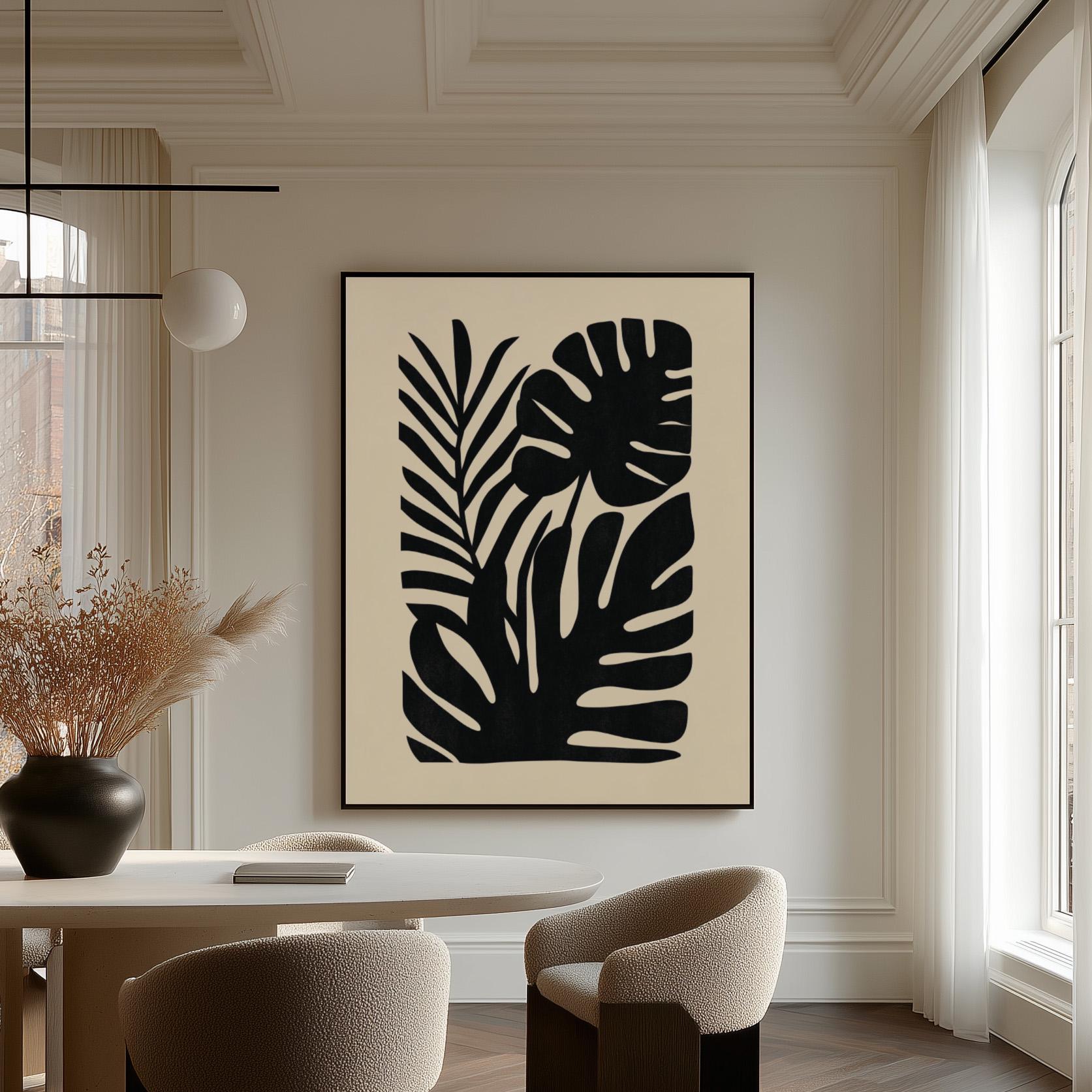 Black Botanical Canvas Art Modern Minimalist Plant Print for Living Room or Office, Monstera Leaf Abstract Wall Decor