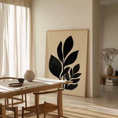 Minimal Botanical Canvas Art Black Leaf Silhouette Print for Bedroom or Office, Modern Nature Wall Decor