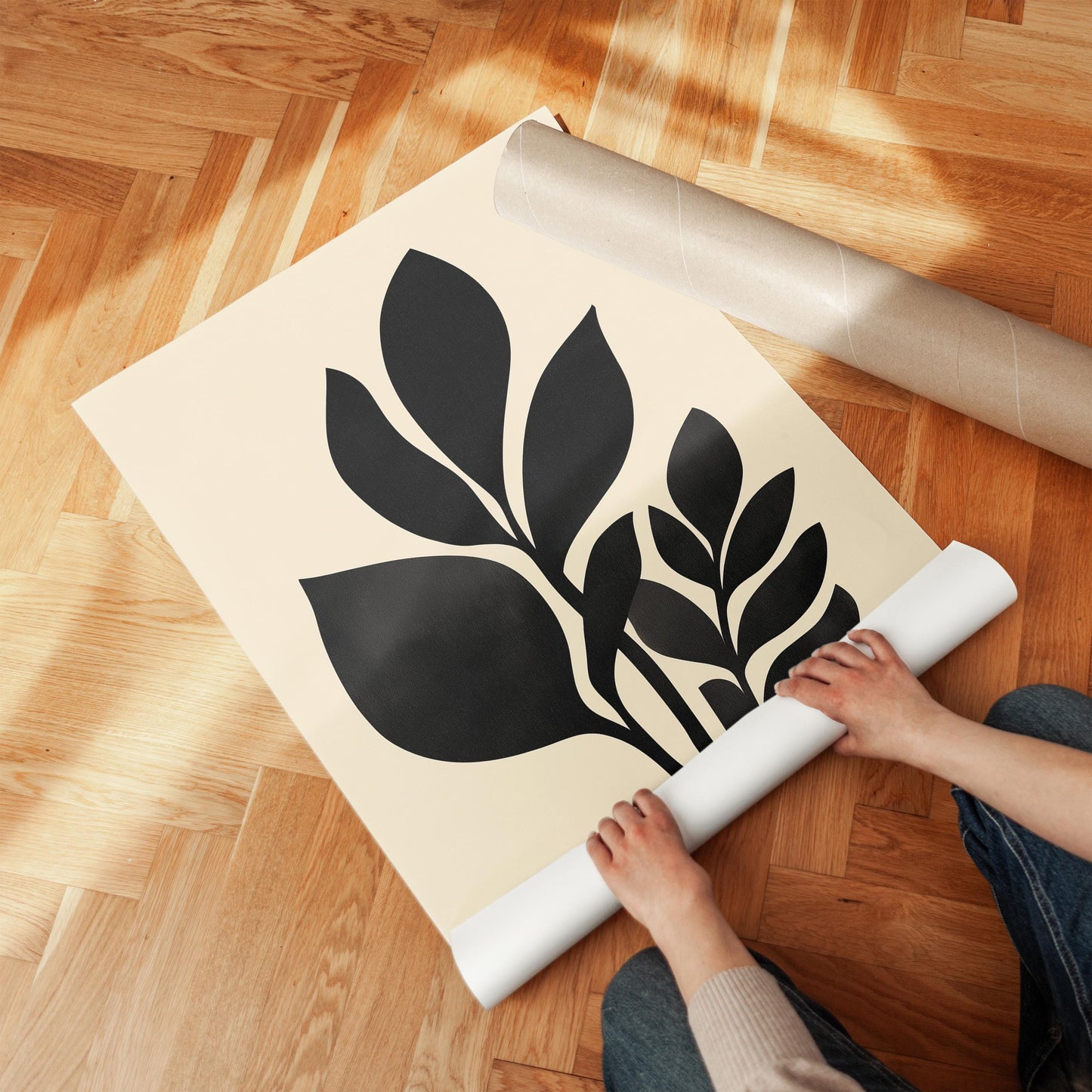 Minimal Botanical Canvas Art Black Leaf Silhouette Print for Bedroom or Office, Modern Nature Wall Decor