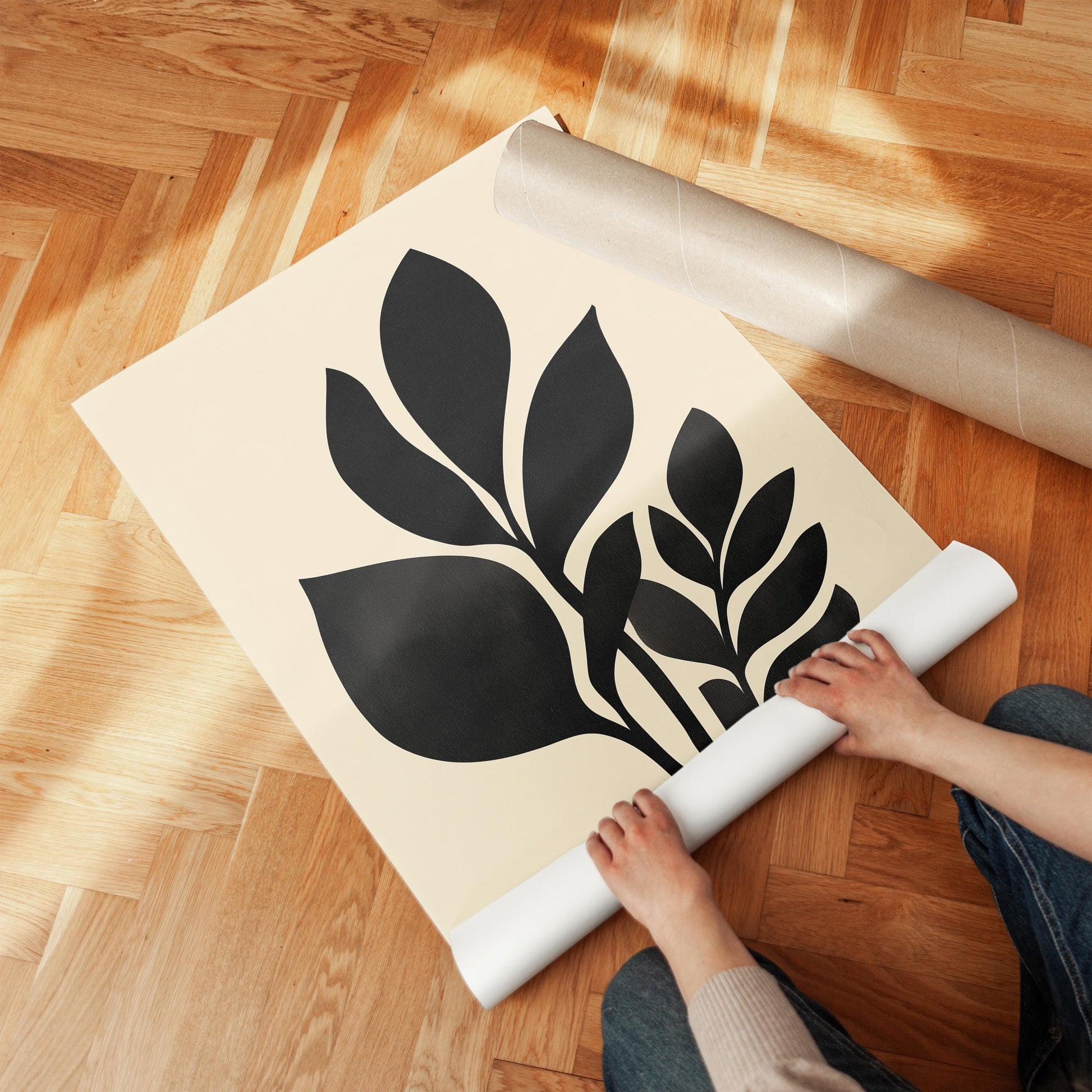 Minimal Botanical Canvas Art Black Leaf Silhouette Print for Bedroom or Office, Modern Nature Wall Decor