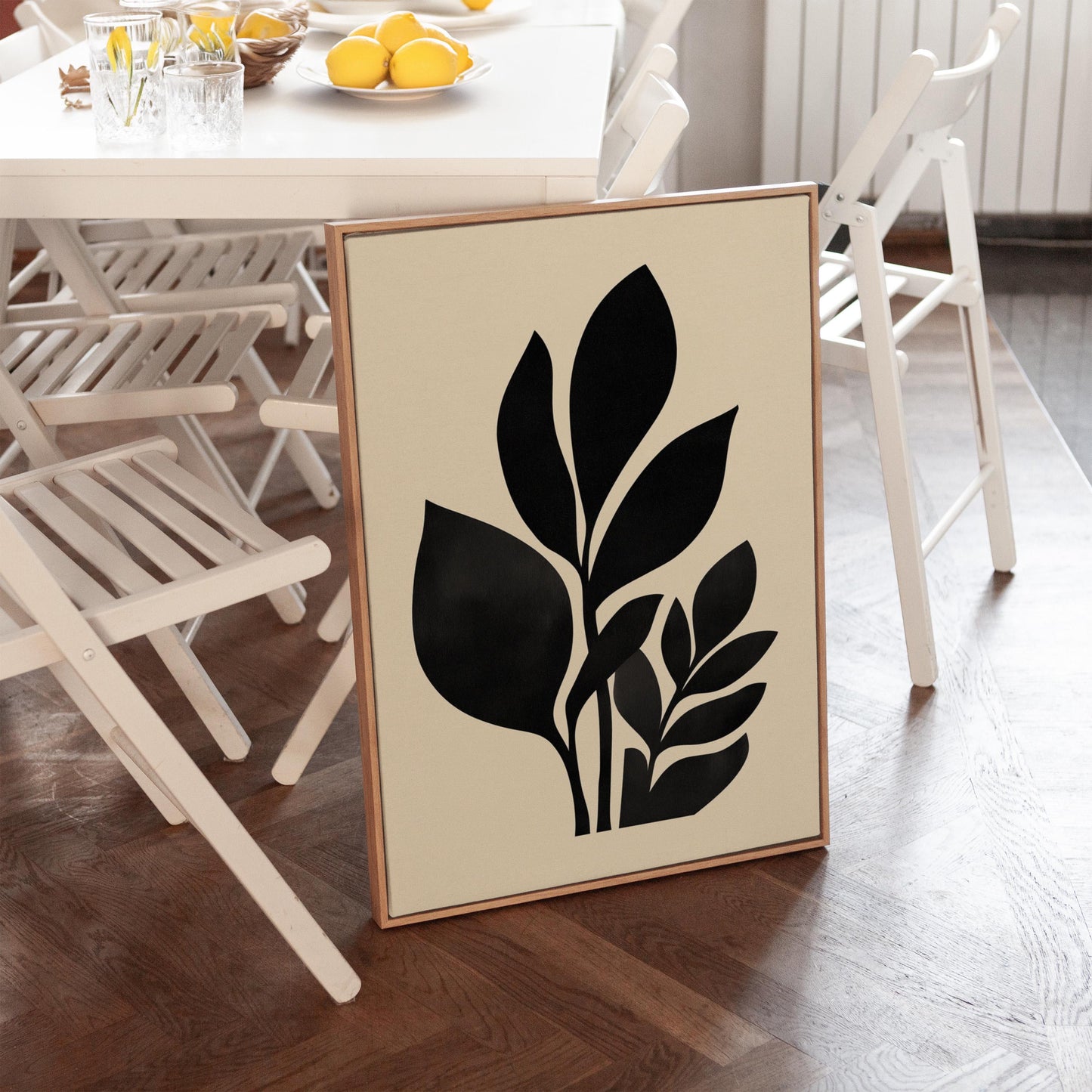 Minimal Botanical Canvas Art Black Leaf Silhouette Print for Bedroom or Office, Modern Nature Wall Decor