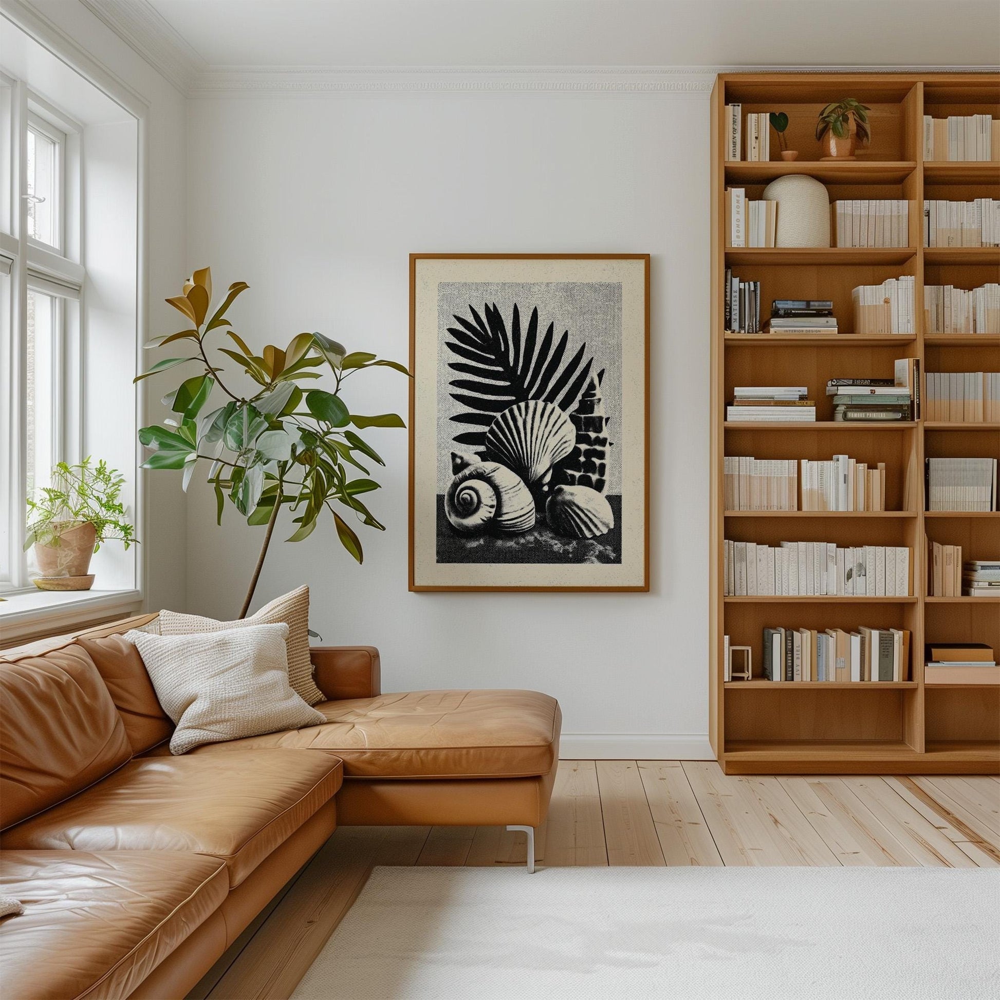 Seashell Botanical Canvas Art Black and White Ocean Print for Coastal Living Room or Bathroom, Minimal Nature Wall Decor