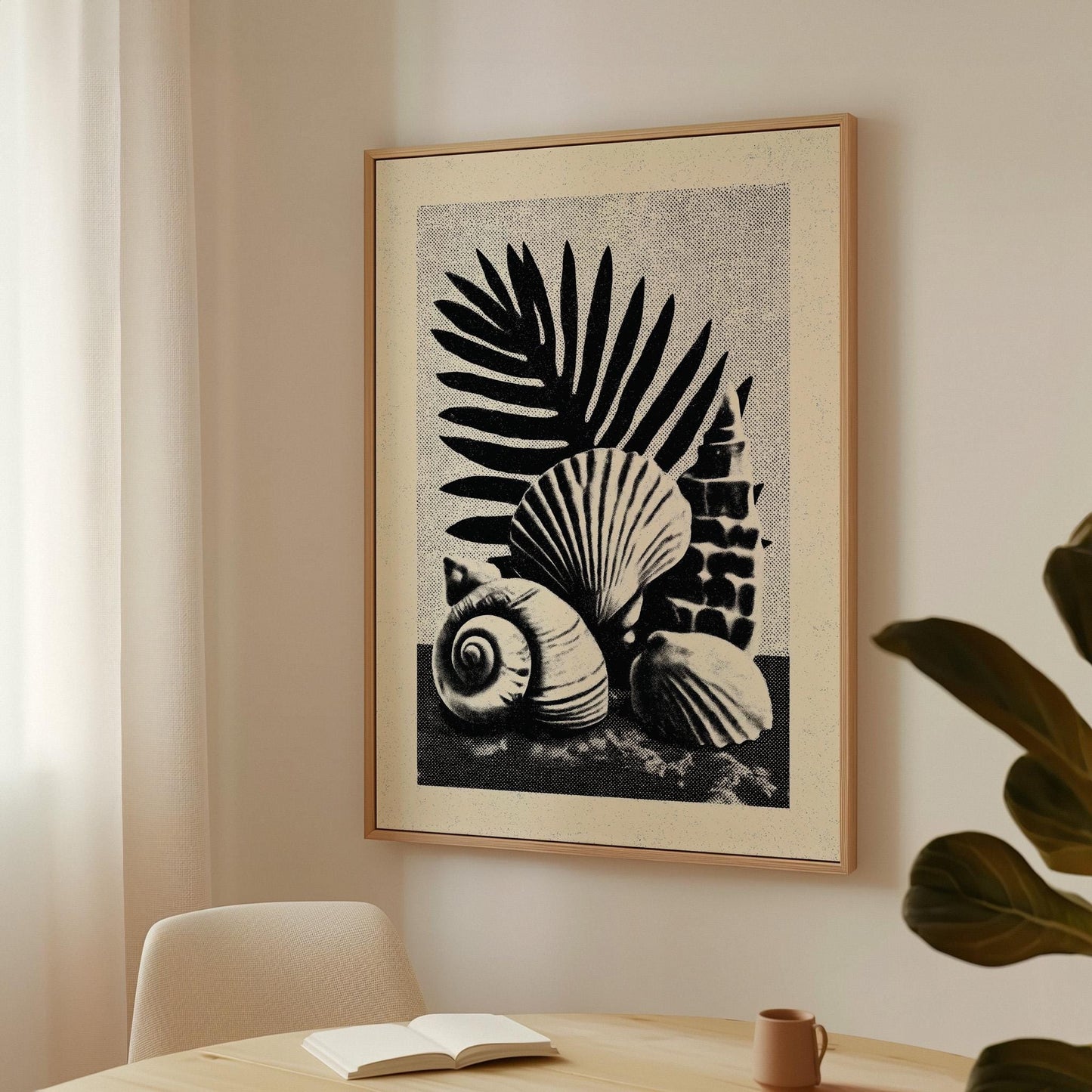 Seashell Botanical Canvas Art Black and White Ocean Print for Coastal Living Room or Bathroom, Minimal Nature Wall Decor