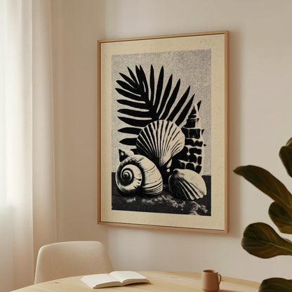 Seashell Botanical Canvas Art Black and White Ocean Print for Coastal Living Room or Bathroom, Minimal Nature Wall Decor