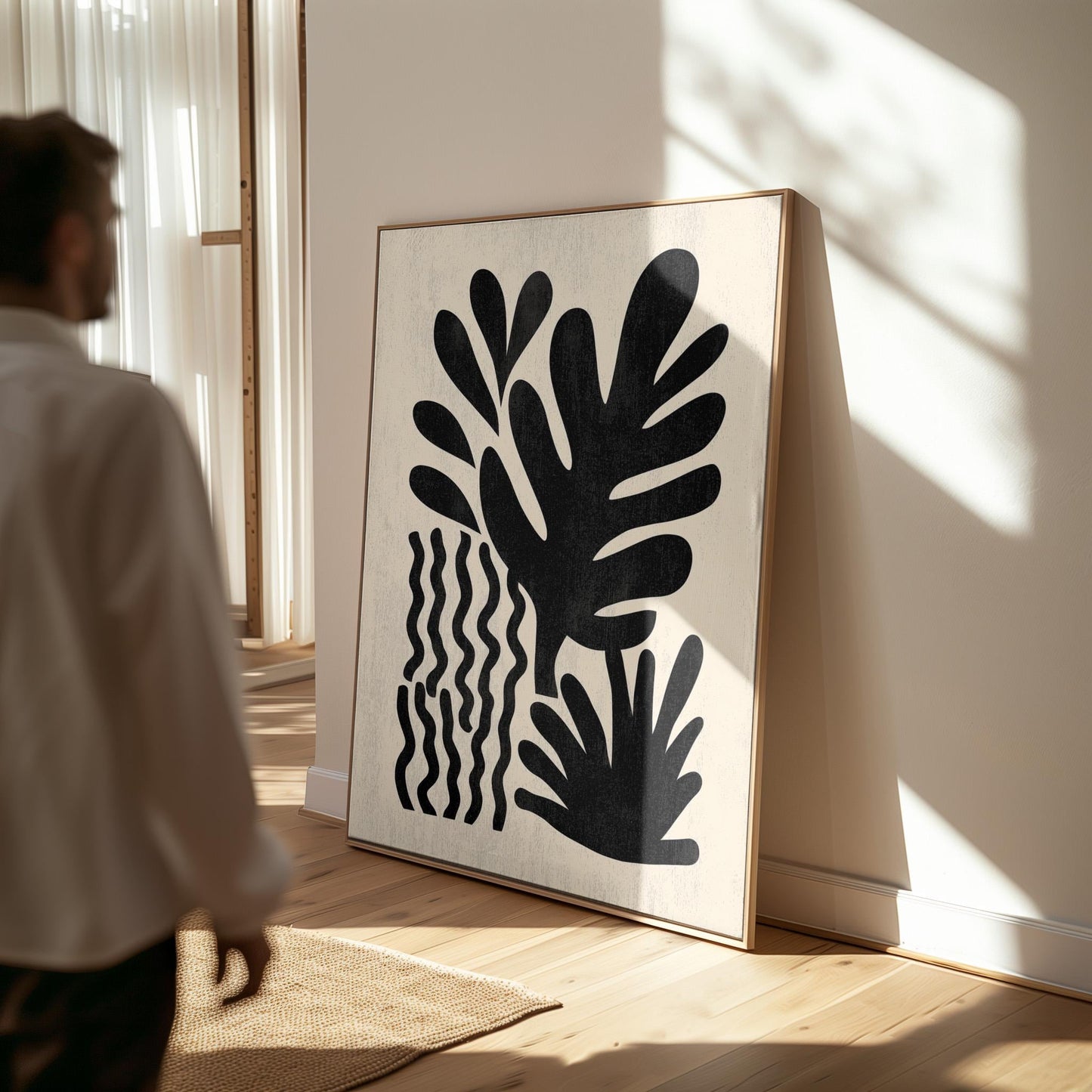 Black Botanical Canvas Art Modern Minimal Leaf Print for Living Room or Hallway, Abstract Nature Wall Decor