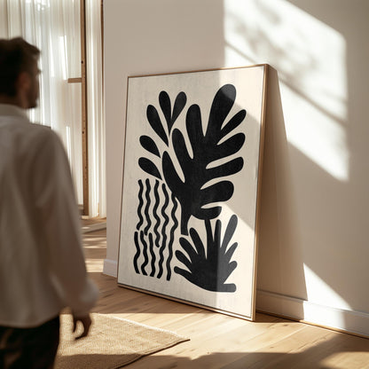 Black Botanical Canvas Art Modern Minimal Leaf Print for Living Room or Hallway, Abstract Nature Wall Decor