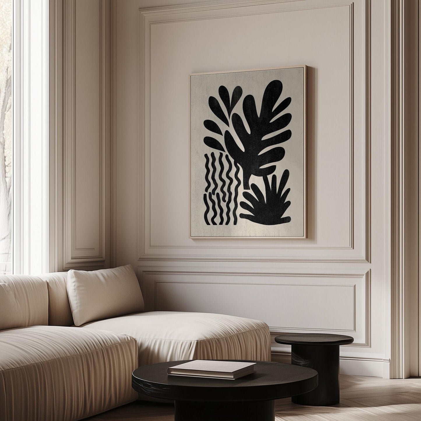 Black Botanical Canvas Art Modern Minimal Leaf Print for Living Room or Hallway, Abstract Nature Wall Decor