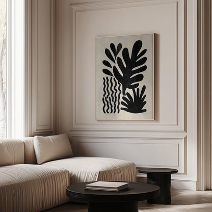Black Botanical Canvas Art Modern Minimal Leaf Print for Living Room or Hallway, Abstract Nature Wall Decor